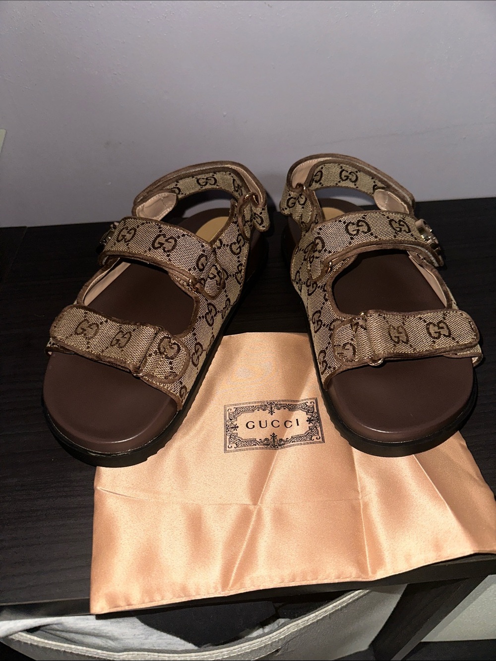 Beige/Brown GG Canvas Double-Strap Sandals